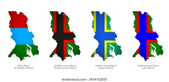 Vector isolated set with with national Karelian and unofficial Ludic, Livviki, Vepsians ethnicity flags, which is russian region. Volume shadow on the maps. White background