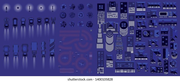 Vector Isolated Set. Night City. Top View. Collection For The Night Cityscape. Skyscraper, House, Car, Lantern, Tree, Road. View From Above. 