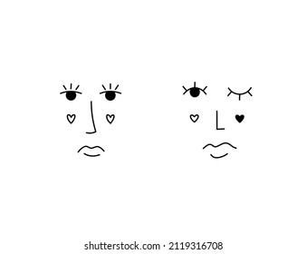 Vector Isolated Set Of  Pair Abstract  Faces With Hearts On Cheeks Colorless Black And White Doodle Line Drawing