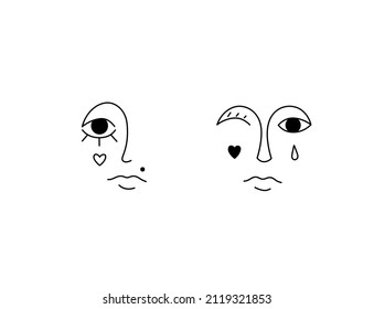 Vector Isolated Set Of  Pair Abstract  Faces With Hearts On Cheeks Colorless Black And White Doodle Line Drawing