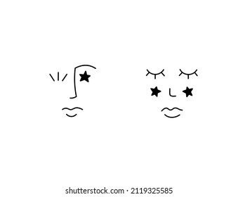 Vector Isolated Set Of  Pair Abstract  Faces With Star Eye And Stars On Cheeks Colorless Black And White Doodle Line Drawing