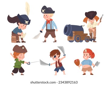 Vector isolated set of pirate kids with weapons and gun, hats with skull and closed eye. Girl sits on wooden barrel and reads letter on white background. Cute kids dressed in pirate costumes.