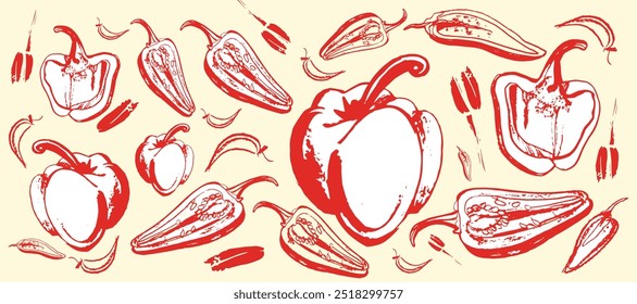 Vector isolated set of red Bulgarian sweet and bitter pepper. Red pepper. Hand drawing. Vegetable engraved style object, full, half and slices. Isolated bell pepper.	