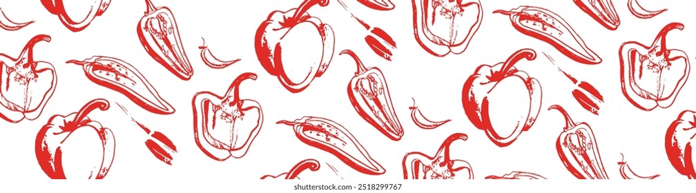Vector isolated set of red Bulgarian sweet and bitter pepper. Red pepper. Hand drawing. Vegetable engraved style object, full, half and slices. Isolated bell pepper.	