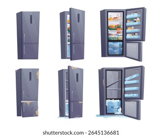 Vector isolated set of refrigerators in various conditions, from clean and stocked to broken, empty, and rusty. Perfect for kitchen, appliance, repair, and food storage related visuals.