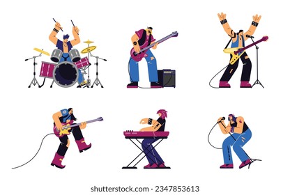 Conjunto vectorial aislado de músicos de banda de rock. Artista de guitarra de dibujos animados, pianista, vocalista y tamborilero tocando música rock, miembros de bandas de metal. Moderno espectáculo de rock de competición sobre fondo blanco.