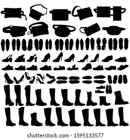 vector isolated set of shoe and bag silhouettes