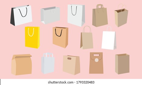 Vector Isolated Set of Shopping bags and Paper Bags, Different Shapes and Colors