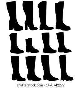 vector, isolated, set of women’s silhouette and shoes, boots