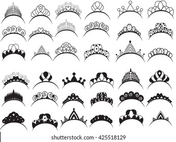 vector isolated, set of silhouettes of tiaras of various shapes