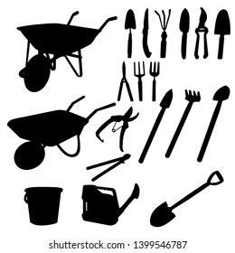 vector, isolated, set of silhouettes of tools for the garden