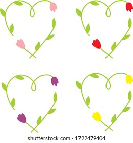 Vector isolated set of  simple flower ornament element. Colorful floral heart sketch for pattern, print, card, design, tattoo. Rose, red, violet, yellow tulip. 