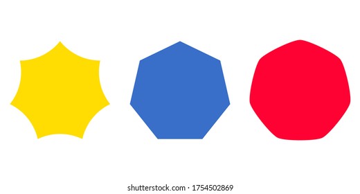 Conjunto aislado de vectores de heptágono sencillo sobre fondo blanco, objeto plano e icono plano sobre fondo blanco, formas geométricas, formas 2D, polígono 2D, ilustración, colección de heptagon