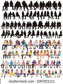 vector, isolated, set of sitting people, silhouette