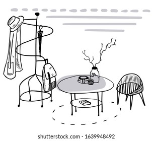 vector isolated set of table, armchair and rack