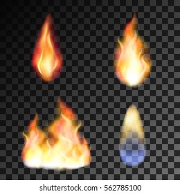 Vector isolated set of transparent realistic flame effects. Fire illustration, candle light, burning, hot, devouring element, bonfire, twinkle, combustion. torch, match, gas, energy, shine