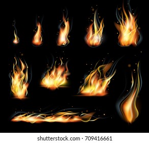 Vector isolated set of transparent realistic flame effects. Black background