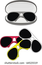 Vector isolated set of trendy sunglasses in color plastic frames and case on white background