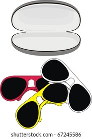 Vector isolated set of trendy sunglasses in color plastic frames and case on white background