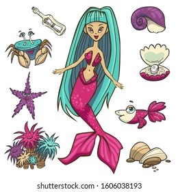 Vector isolated set of underwater things with asian mermaid. Kid hand drawn illustration in cartoon style