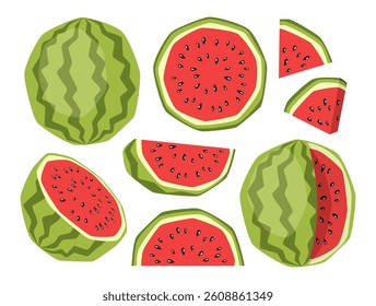 Vector isolated set of watermelons, whole, half and slices