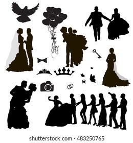 vector, isolated, set of wedding icons and silhouettes of the bride and groom