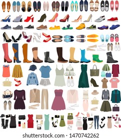 vector, isolated, set of women's and men's clothing and shoes