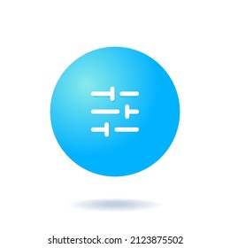 Vector isolated settings icon of adjustment setup with 3d blue gradient ball circle bubble on white background. Flat minimal icon for UI UX presentation.