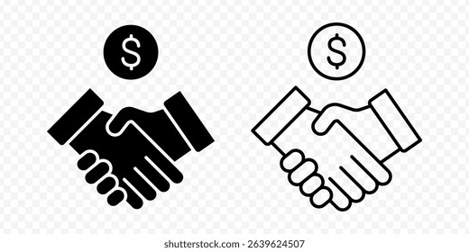 Vector isolated Shaking Hand Dollar icon set in black outline and fill