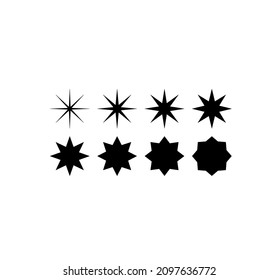 Vector aislado, afilado, anglonizado y obtuso, octogonal estrella de color negro relleno y conjunto de contorno de cuadro negro. 