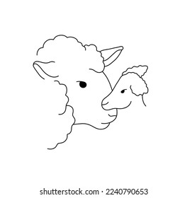 Vector isolated sheep and baby lamb head colorless black   white contour line easy drawing