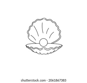 Vector isolated shell and pearl line drawing  Oyster shell and pearl outline doodle sketch  