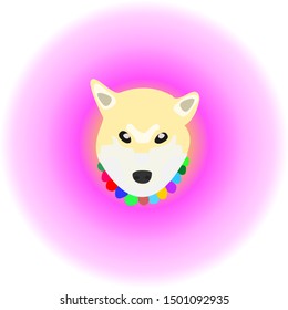 vector isolated shiba inu head with colorful dog collar in pink circle background 