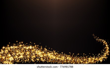 Vector Isolated Shiny Golden Glitter Swirl. Gold Confetti On Black Background