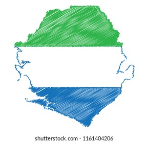 Vector of isolated Sierra Leone map with the flag. Engraving style hatching pen pencil painting illustration concept.