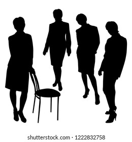 Vector isolated silhouette of an adult business woman business woman standing upright in 4 angles, front, sideways, leaning on the back of a chair.