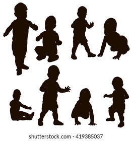 vector , isolated, silhouette baby toddler set