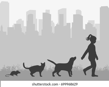 Vector, Isolated Silhouette Of A Cat And A Dog, A Mouse And A Baby