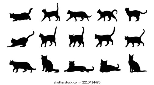 Vector isolated silhouette cat, logo, typography, decorative sticker on white background.