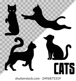 Vector isolated silhouette cat. Set of silhouette cats in different poses. Halloween cat.