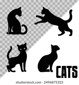 Vector isolated silhouette cat. Set of silhouette cats in different poses. Halloween cat.