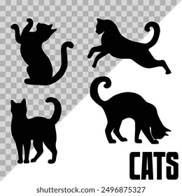 Vector aislado silueta gato. Conjunto de gatos de silueta en diferentes poses. Gato de Halloween.