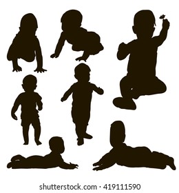 vector, isolated, silhouette child begins toe, th walk, set
