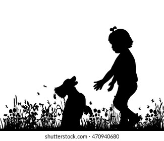 vector, isolated, silhouette of a child playing with a dog