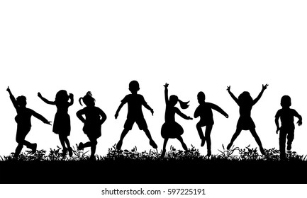 Vector, isolated, silhouette of children jumping on the grass, childhood