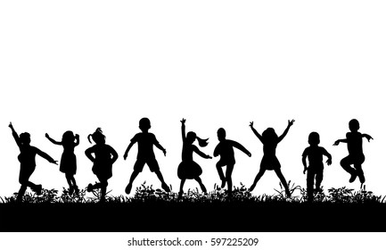 Vector, isolated, silhouette of children jumping on the grass