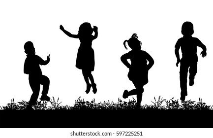 Vector, isolated, silhouette of children jumping on grass, joy