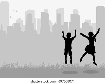 Vector, isolated, silhouette children jumping on city background