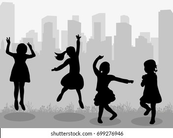 Vector, isolated, silhouette children playing