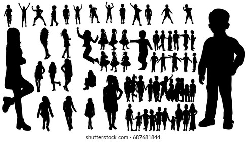 Vector, isolated silhouette of children, set of silhouettes of children playing